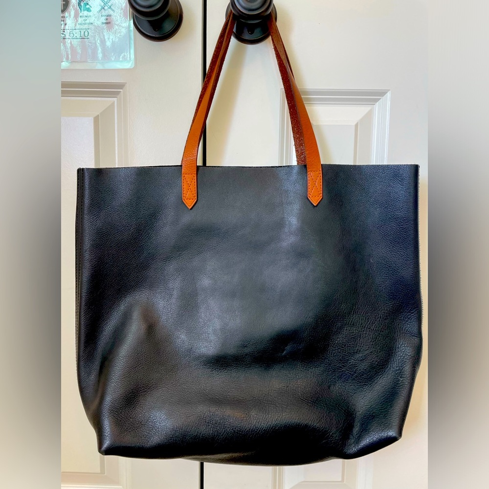 Madewell Transport Tote in Black Leather with Brown Handles